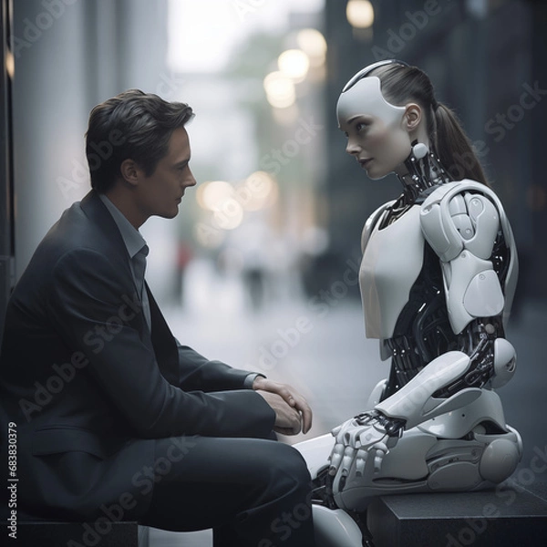 Obraz humanoid robot talking with a male human