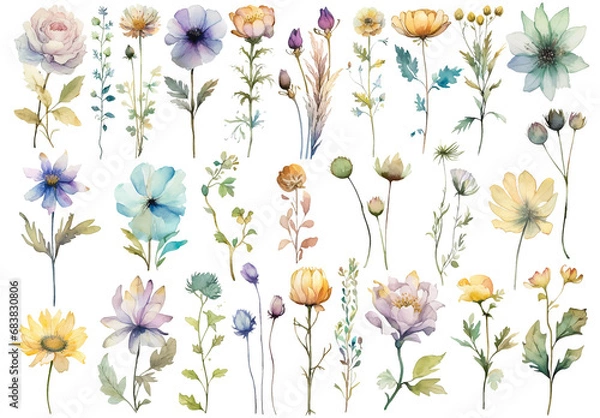 Obraz Vector watercolor painted flower. Hand drawn flower design elements isolated on white background.