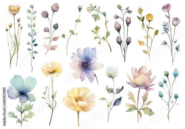 Fototapeta Vector watercolor painted flower. Hand drawn flower design elements isolated on white background.