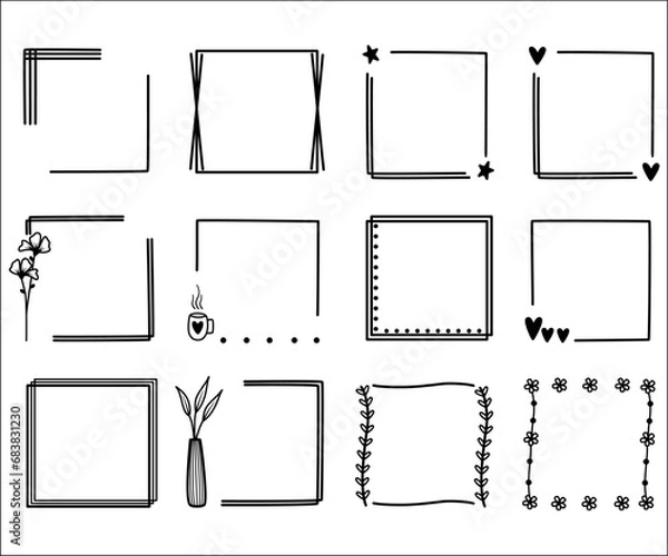 Fototapeta Frames doodle set, decorative frames and borders design. Vector illustration outline.