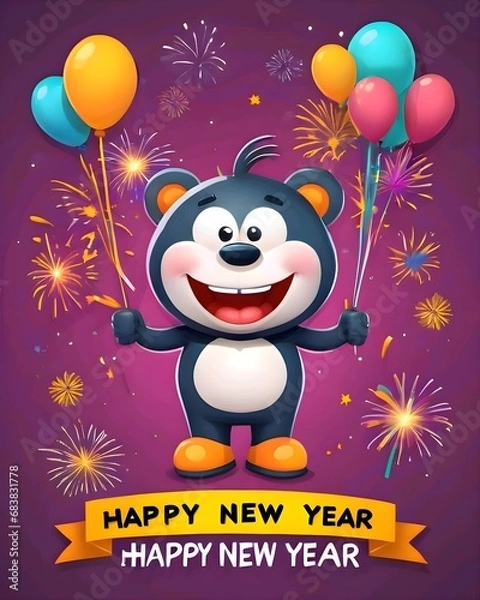 Obraz New Year's Eve with a bear holding balloons at a party