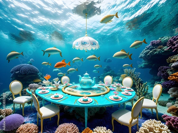 Fototapeta Aqua Whimsy: The Enchanted Underwater Tea Soirée