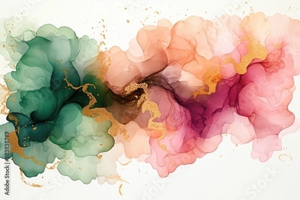 Fototapeta ink watercolor green, pink and sparkling gold splash, clip art, white background