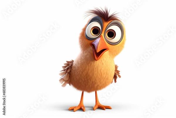 Fototapeta Cute bird isolated on white background. 3D illustration. Cartoon character.