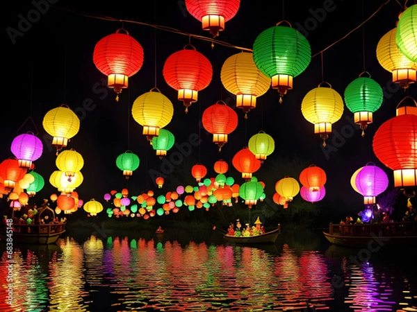 Fototapeta Enchanted Skylights: Whimsical Lantern Festival in the Magical Realm, Generative AI