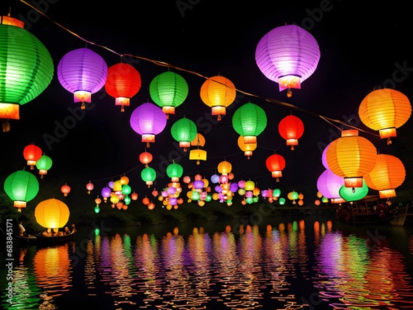 Fototapeta Enchanted Skylights: Whimsical Lantern Festival in the Magical Realm, Generative AI
