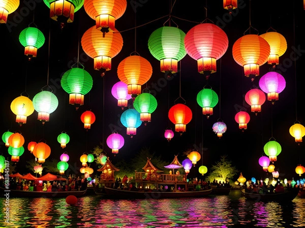 Fototapeta Enchanted Skylights: Whimsical Lantern Festival in the Magical Realm, Generative AI
