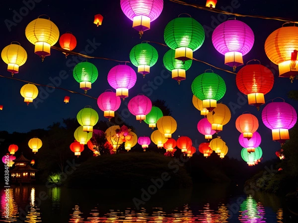 Fototapeta Enchanted Skylights: Whimsical Lantern Festival in the Magical Realm, Generative AI