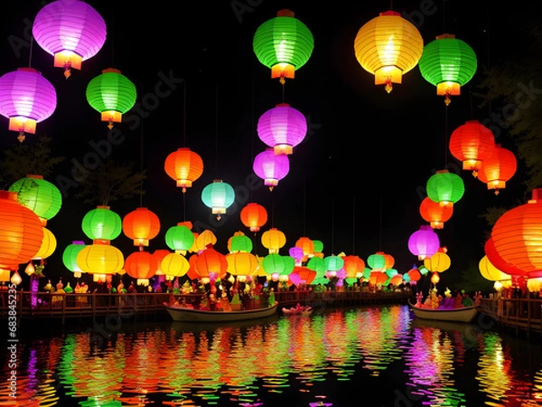 Fototapeta Enchanted Skylights: Whimsical Lantern Festival in the Magical Realm, Generative AI