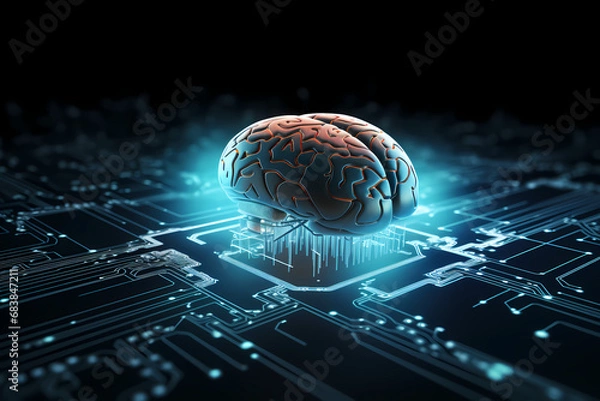 Obraz Artificial intelligence represented as a human brain on a technology backround