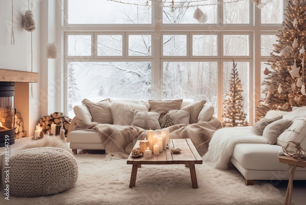 Fototapeta a bright living room in boho or Scandi style on the background of a decorated Christmas tree and gifts. Modern view of nature from the window.