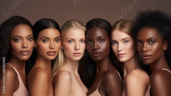 Obraz Six women with diverse hair colors and natural skin tones pose together, showcasing the beauty of diversity and fostering an empowering bond that captures the essence of inclusivity and harmony.
