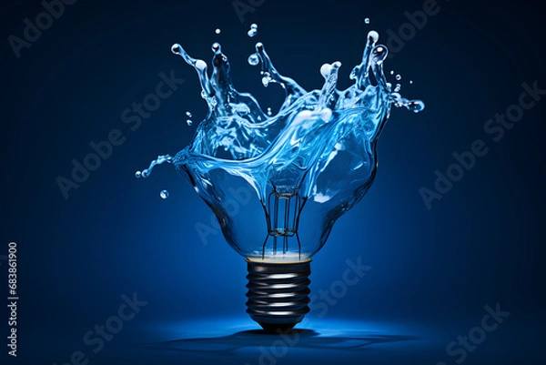 Obraz Electricity & water: light bulb glass turning into a splash of transparent liquid. Minimalist surreal concept on dark blue background.