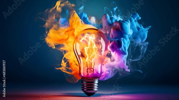Obraz Creative idea: light bulb glowing with electric energy exploding a cloud of colorful smoke. Studio shot, green & blue background.