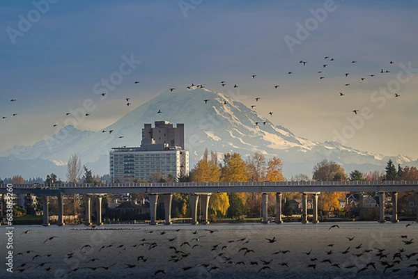 Obraz 2023-11-20 MT RAINIER WITH CITY BUILDINGS AND THE 520 FLOATING BRIDGE WITH THE UNION BAY NATURAL AREA BY THE UNIVERSITY OF WASHINGTON
