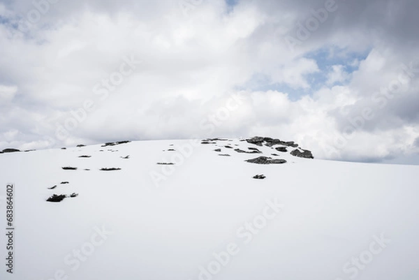 Obraz Perfect white snow on the mountain, against the black rocks and plants, on Kopren summit, under a moody, cloudy sky during winter
