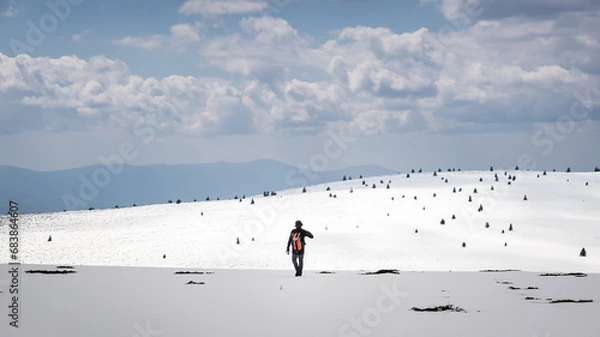 Fototapeta Beautiful snow covered mountain highlands and a mountain hiker with orange backpack