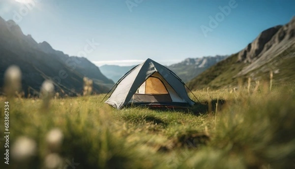 Fototapeta Wonderful panoramic view of a campsite in the wilderness in the mountains on lush green meadow. blue sky and copy space for text