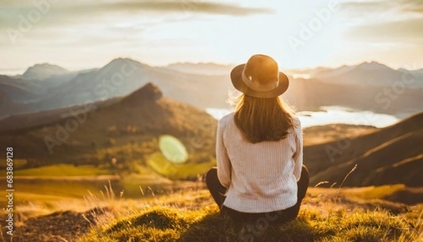 Fototapeta Young beautiful female hipster with hat enjoys the view on a mountain peak in the sunset. generative ai