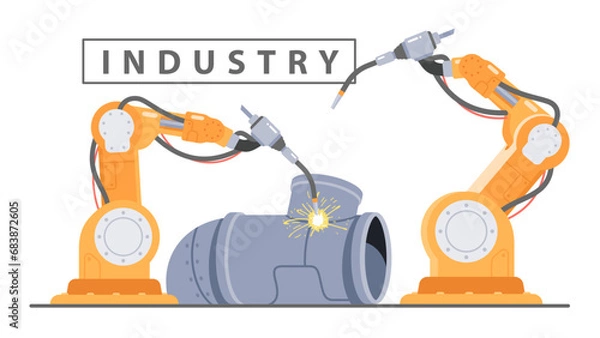 Fototapeta Industrial robot arms welding pipe. Automatic robotic hands working on assembly line. Innovation technology industry, manufacturing machinery equipment, production automation flat vector illustration