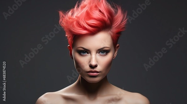 Fototapeta  A red-haired beautiful girl with a distinctly modern hairstyle in a recording studio