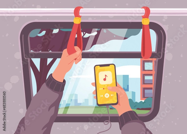 Fototapeta Passenger using mobile phone inside transport. Person hands hold smartphone cell, bus, tram or train handle. Public city transportation, urban vehicle, online communication flat vector illustration 