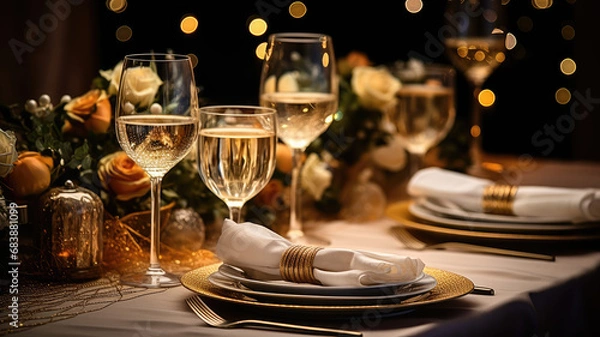 Obraz Champagne glasses on a christmas table setting