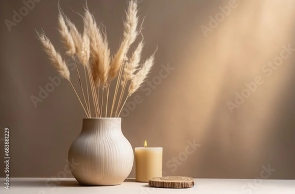 Fototapeta a wooden vase with dried grass and a candle in it