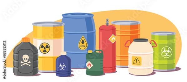 Fototapeta Hazard toxic chemical substances in containers. Different liquids, oil tank, dangerous radioactive, flammable, poisonous substances with biohazard, skull warning safety signs. Flat vector illustration