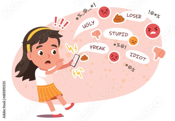 Fototapeta Cyber bullying victim kid under bullies attack. Girl child person suffer receiving angry abuse messages on mobile cell phone. Internet harassment violence problem concept flat vector illustration