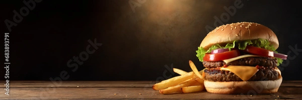 Fototapeta Cheeseburger with fries on a wooden table with light on dark background and copy space