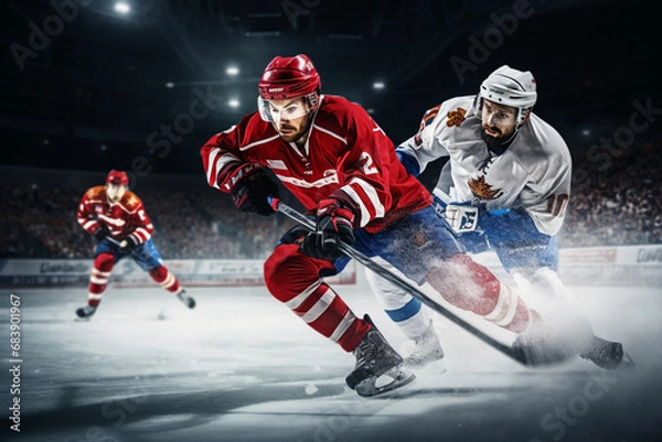 Obraz Hockey players shoots the puck and attacks. ice hockey game at  rink sport arena.