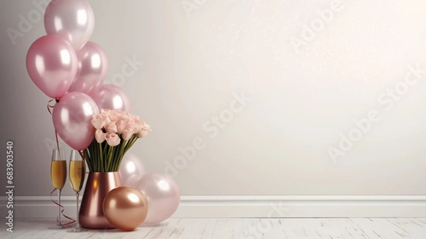 Obraz sophisticated pink balloon arrangement with champagne and roses against a minimalist backdrop