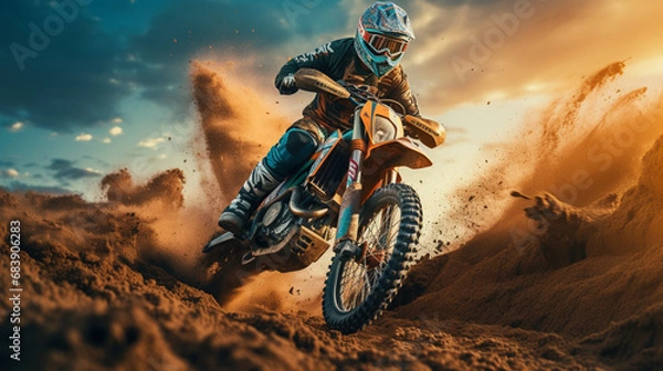 Obraz A motocross rider kicks up a flurry of dirt and dust as they navigate a thrilling course with skill and agility.