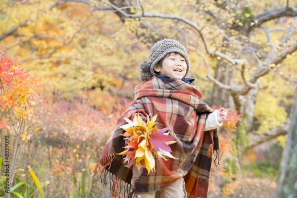 Obraz 紅葉と笑顔の子供