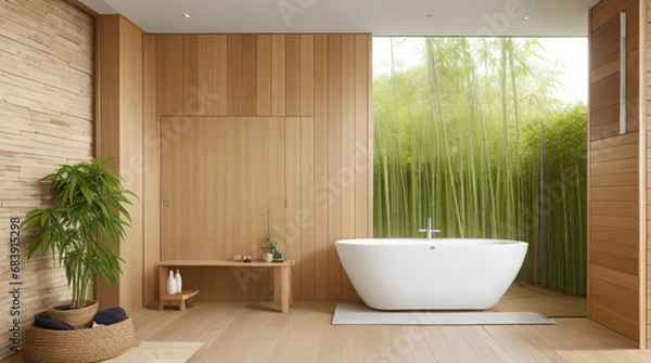 Fototapeta Tranquil modern bath with accents of natural wood, textured stone feature wall housing frameless shower, underfloor heating, bamboo bath mats - Generative AI