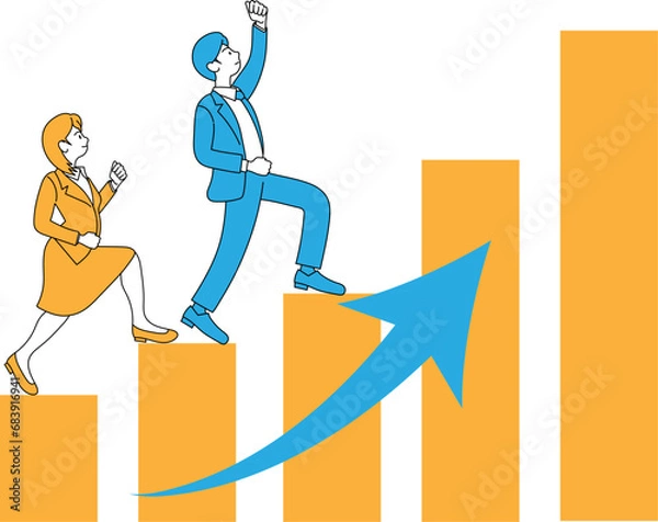 Fototapeta 右上がりの棒グラフを一緒に上るスーツ姿の男女