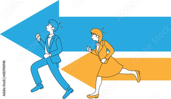 Fototapeta 矢印の方向に必死で走るスーツ姿の男女