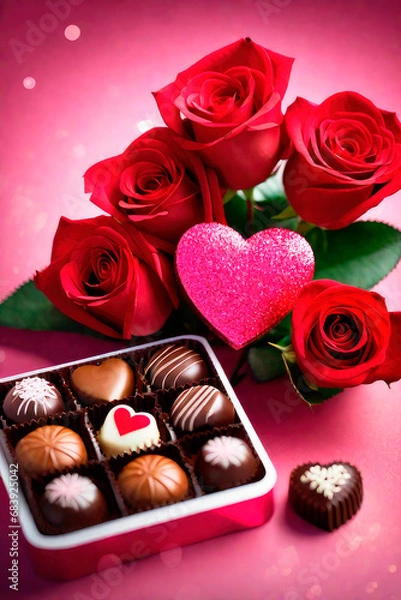 Fototapeta Birthday greeting card or Valentine's day with bokeh. Red roses and heart-shaped chocolates.