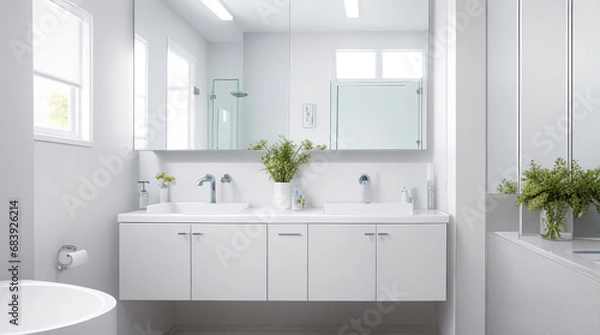 Fototapeta Minimalist White and Silver Petite Bathroom with Floating Vanity and Sleek Tub - Generative AI