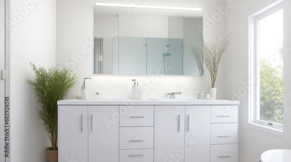 Fototapeta Bright airy small bathroom design featuring a floating white wood vanity, modern silver wall mounted faucets, LED lit mirror, sleek freestanding soaker tub - Generative AI