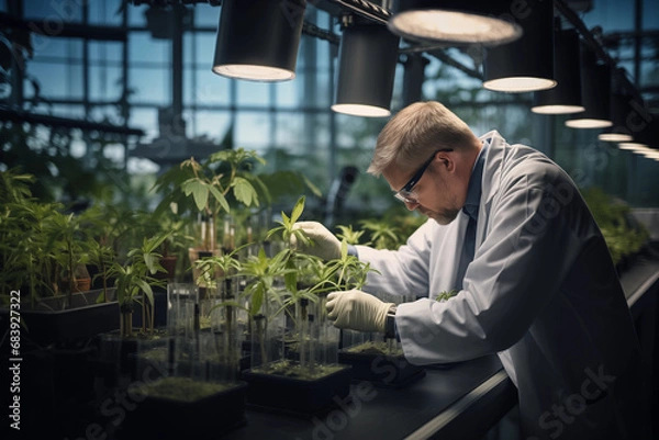 Obraz scientist examining plant samples under artificial light in a modern laboratory