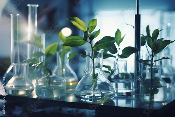 Obraz young plant specimens growing in various scientific glassware in a laboratory setting