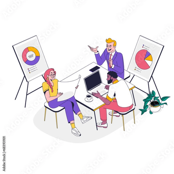 Fototapeta Happy business team, colleagues rejoicing success, achievement, victory, progress at work together. Line vector illustration