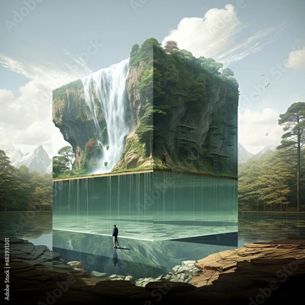 Fototapeta concept illusion of an ideal world, an image of a water world standing on water, in the style of surreal architectural landscapes, tesseract, naturalistic realism, matte painting, dark green and light