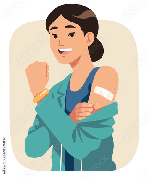 Fototapeta Happy person after vaccination. Immune vaccinated woman showing arm shoulder with bandage after vaccine injection shot. Health care disease prevention flat vector illustration