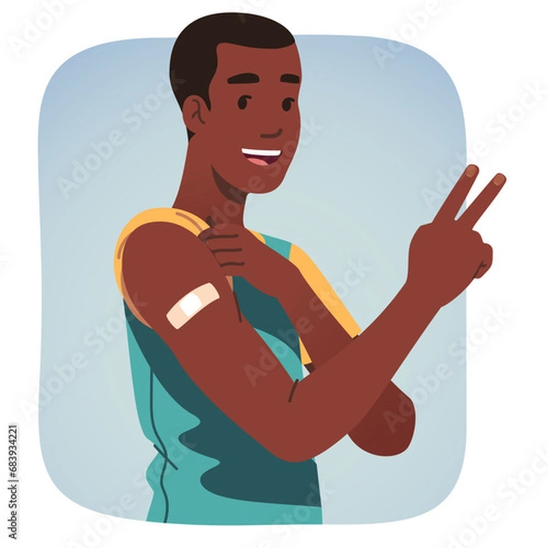 Fototapeta Happy vaccinated person after vaccination. Immune African American man showing arm shoulder with bandage after vaccine injection. Health care disease prevention flat vector illustration