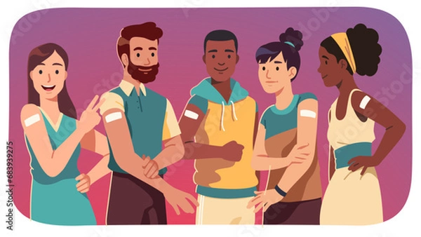 Fototapeta Happy people after vaccination. Vaccinated multiethnic immune men, women group showing arm shoulders after vaccine injection. Health care safety in pandemic flat vector illustration