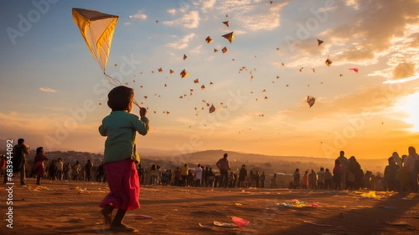 Obraz Hyperrealistic photo of a child celebrating the Makar Sankranti festival with sky full of kites