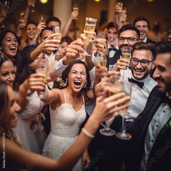 Obraz wedding celebration party with bride and groom with their friends